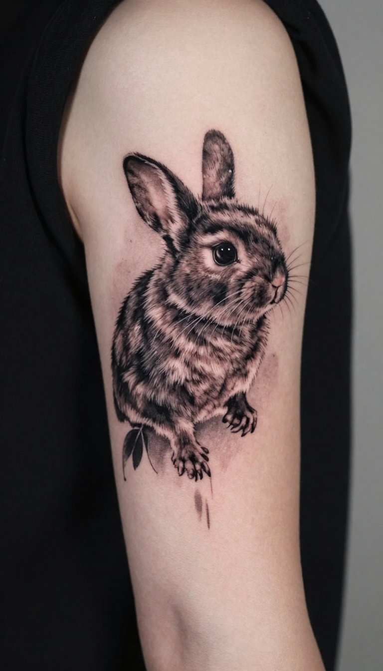Detailed rabbit tattoo, black and grey