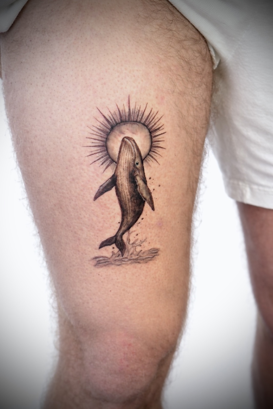 Fineline duck tattoo on thigh
