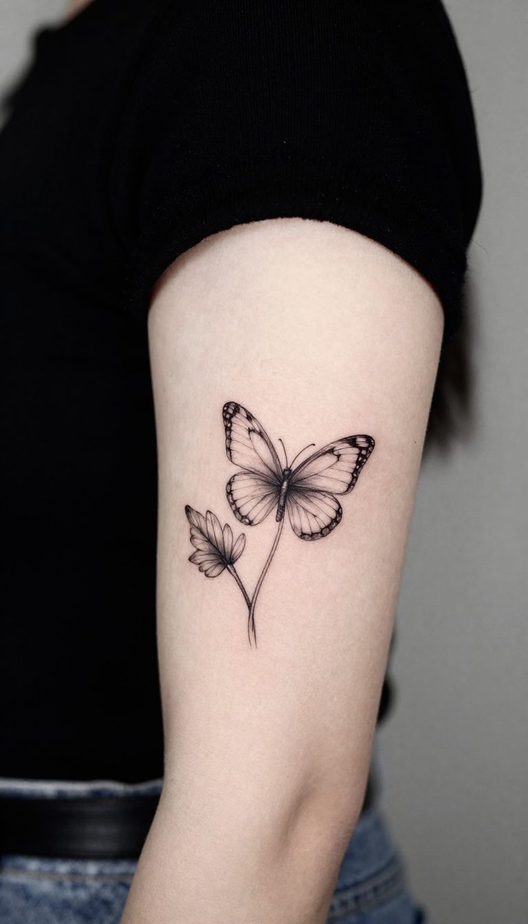 Fine line butterfly tattoo on inner arm