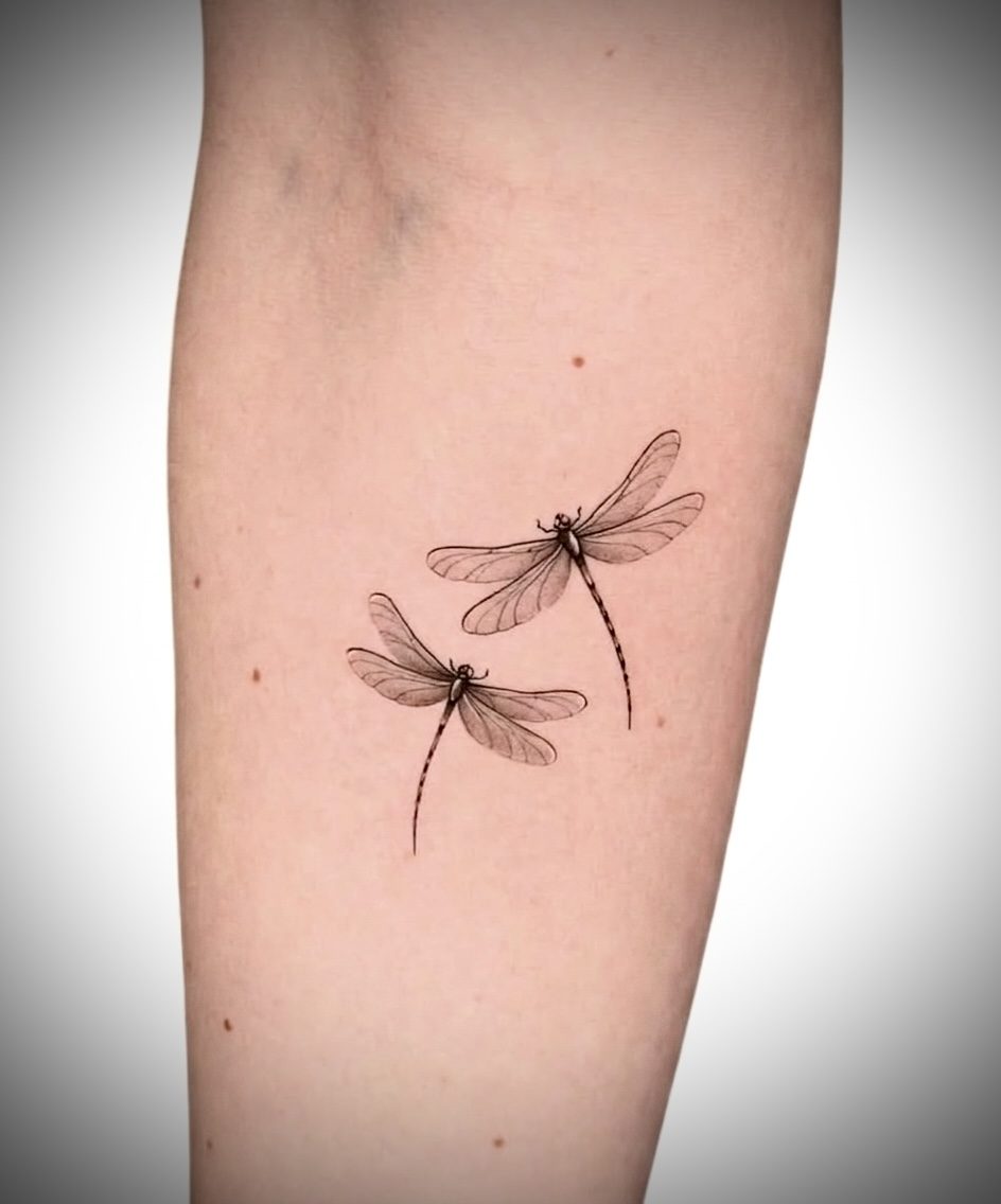 Two dragonflies fine line tattoo on inner arm