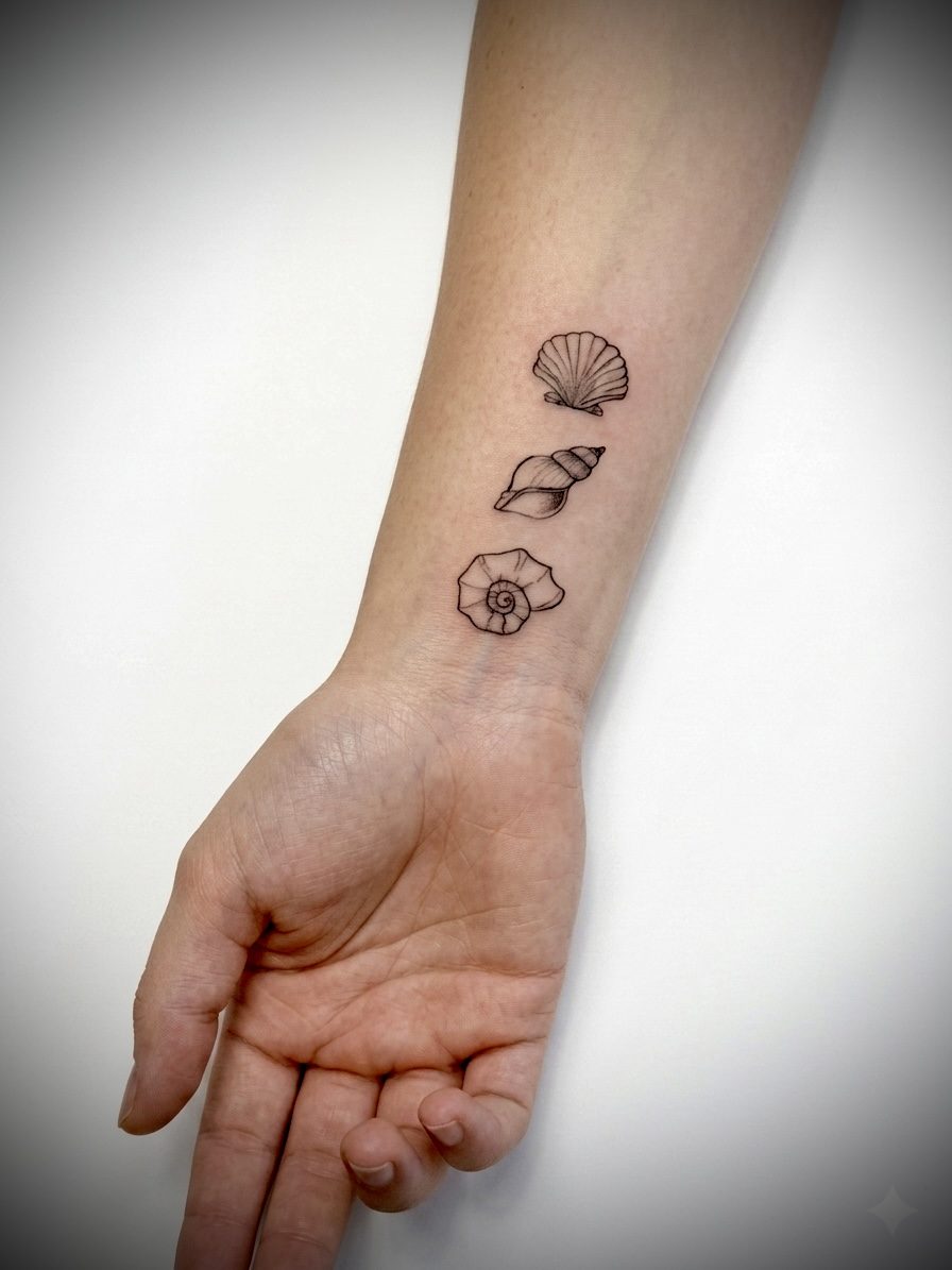 Three small seashells fine line tattoo on inner wrist